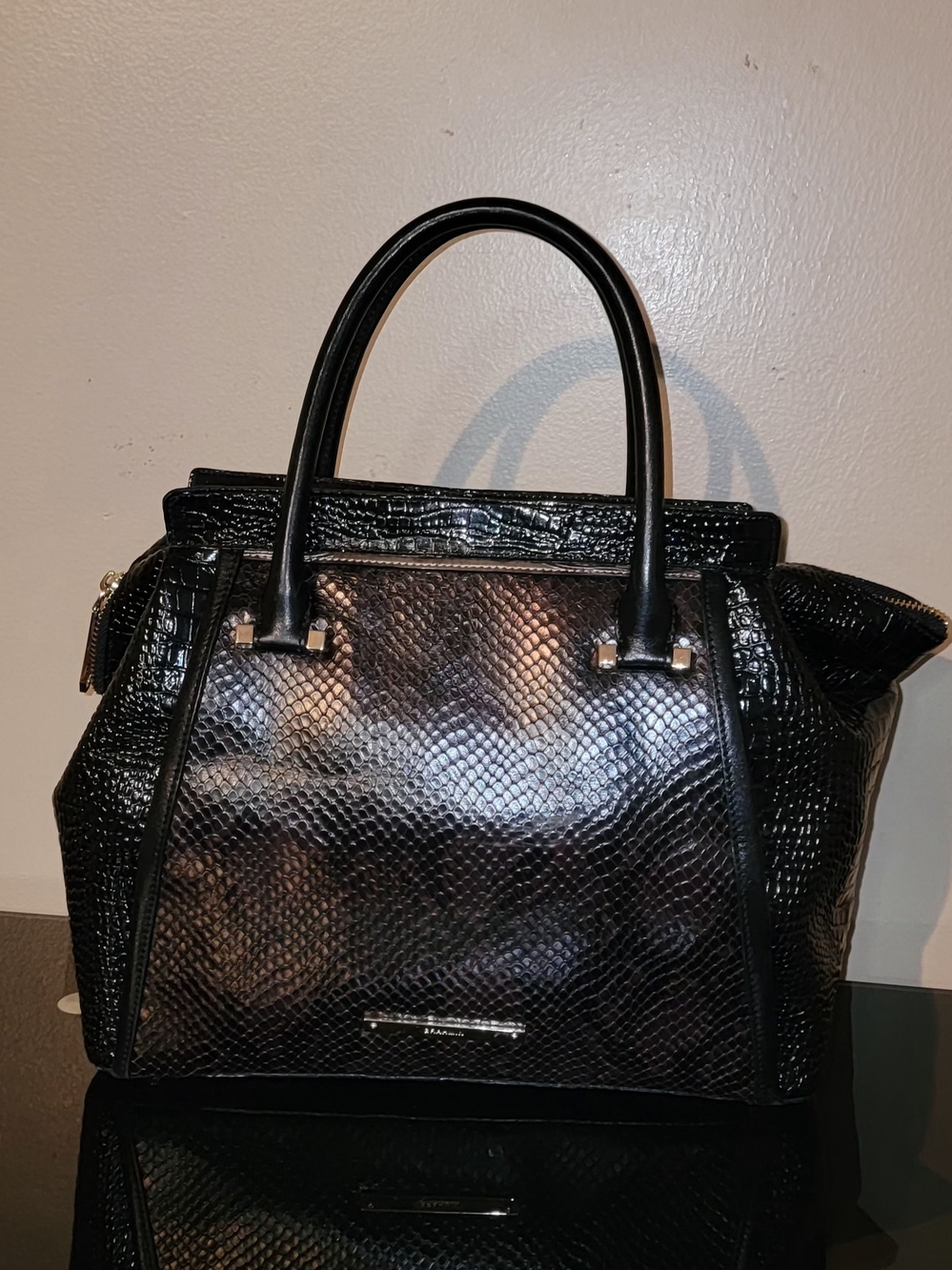 BRAHMIN Black TWO TONE Textured Snake LEATHER Tote Bag